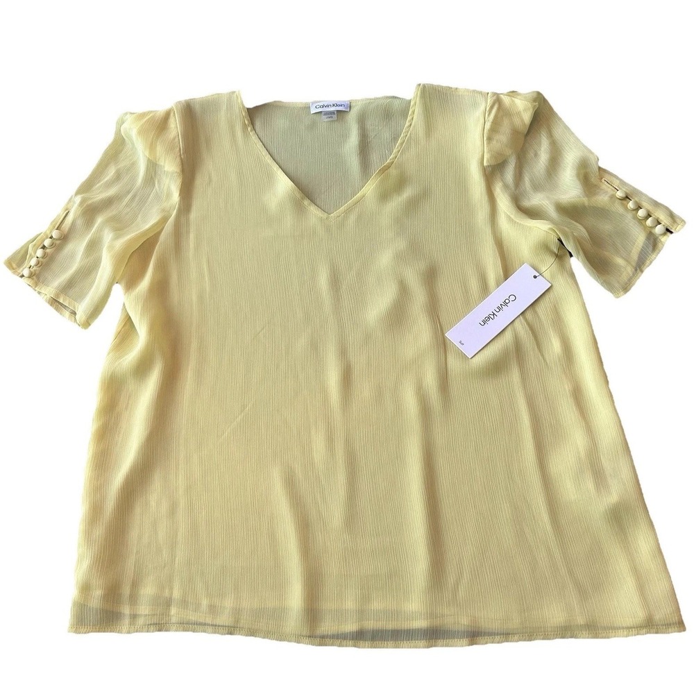 New Calvin Klein Top V-Neck Short Princess Sleeve Large Covered Button Yellow L